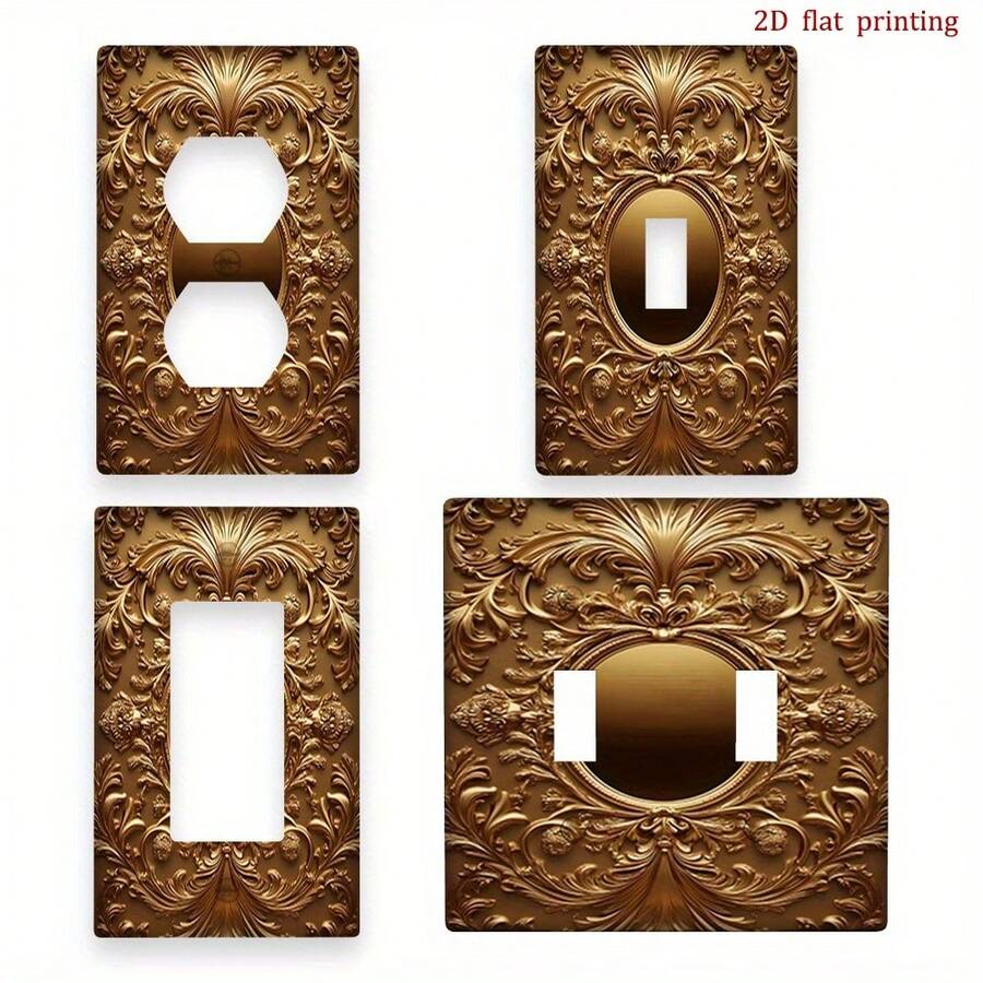 1pc 2D Flat Printing Floral Golden Ornament Frame Design Switch Cover,Durable Decorative Wall Plate With Easy Install,Unique Fun Novelty Accent Your H