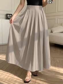 Rok Maxi Polos yang Longgar dan Rapi untuk Wanita, Detail Rok Lipit dengan Saku, Serbaguna untuk Perjalanan, Kencan, dan Pakaian Kasual Musim Semi - Khaki - View 5