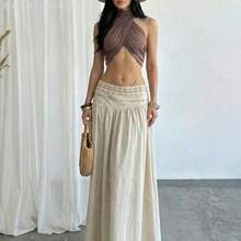 MewMuse. Falda larga de lino tipo apricot de ajuste relajado para mujer, falda larga extra de cintura baja, nueva prenda de verano, falda de diseño retro, falda de vacaciones retro, falda minimalista, falda con dobladillo de paraguas con abertura diagonal, falda con cinturón de cuentas, primavera/verano, elegante, para ir al trabajo, citas, festivales de música, boho, vacaciones, bohemia, playa, cómoda - Albaricoque - Ver 6