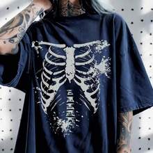 Colección verano 2026. Camiseta holgada mujer talla grande, estampado calavera y rosa gótico punk, estilo retro vanguardista. Tallas 3–7XL, apta otoño-invierno. Envío gratis 24h. - Azul marino 1 - Ver 17