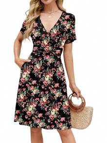 Womens Summer Dresses For Women 2026 Spring Floral Sundress Short Sleeve V Neck Wrap Dress With Pockets Festival Outfits Elegant Dress For Women Dress For Women - 01 黑色花卉 - 查看 1