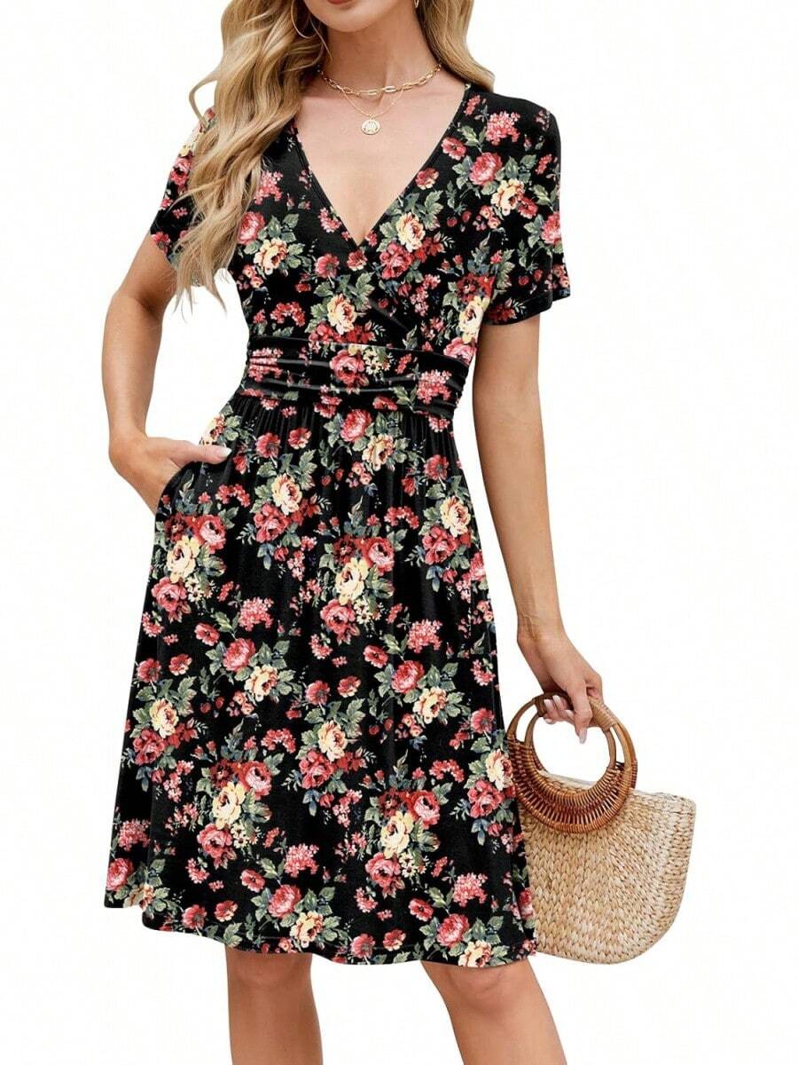 Womens Summer Dresses For Women 2026 Spring Floral Sundress Short Sleeve V Neck Wrap Dress With Pockets Festival Outfits Elegant Dress For Women Dress For Women - 01 黑色花卉 - 查看 1
