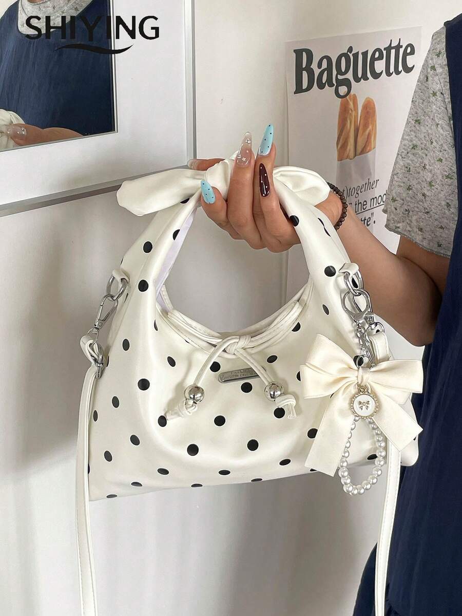 Sac à main à pois à la mode, sac à bandoulière multifonction pour femmes, sac croissant vintage avec décoration de nœud papillon et cordon de serrage