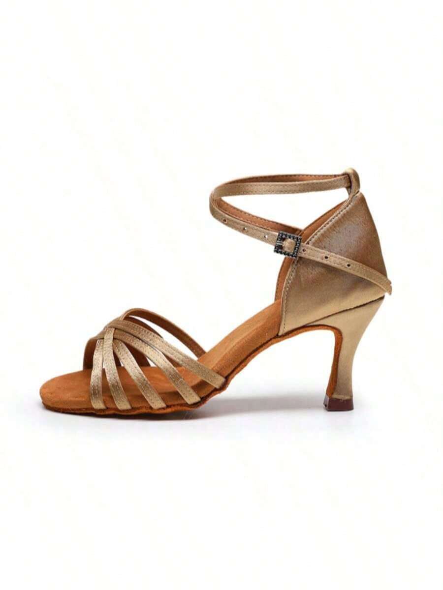 1 Pair 7cm Women's Latin Dance Shoes, Soft Sole Satin Material, Professional Dance School Performance Shoes - Khaki - View 1
