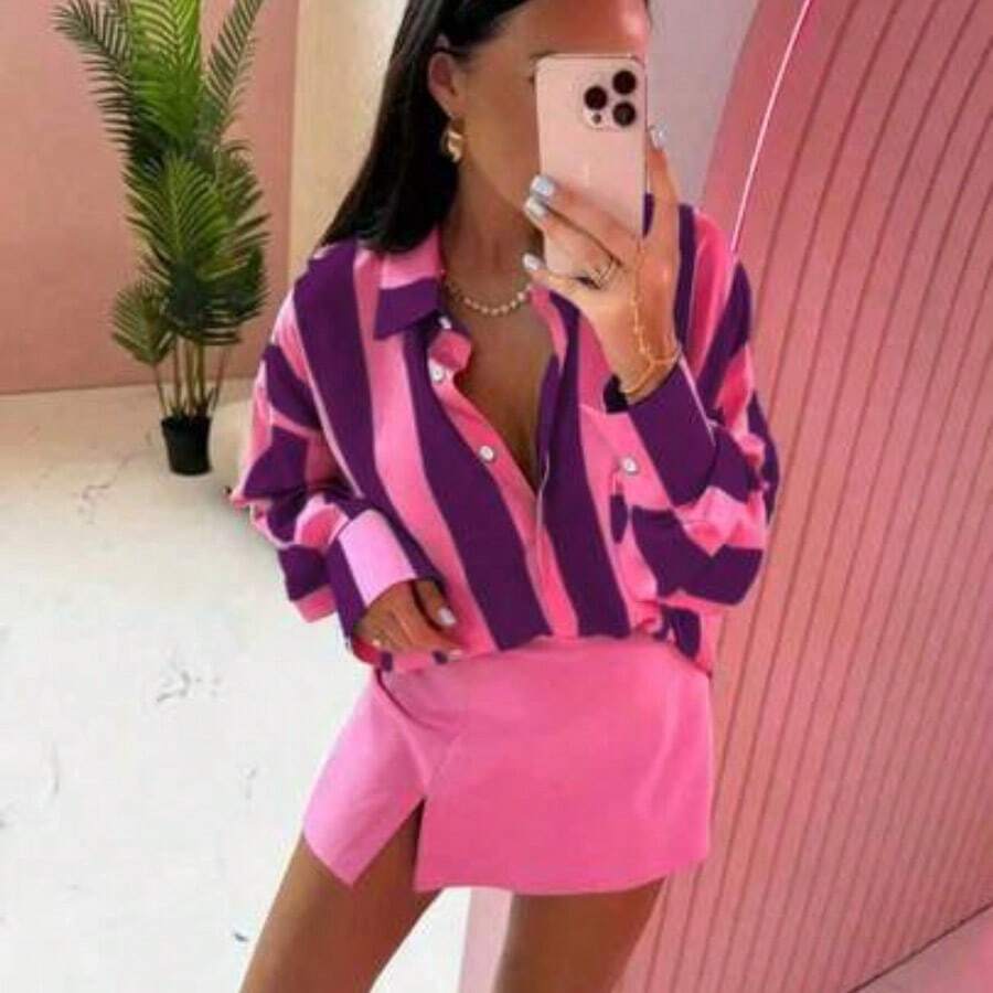 LunaCass8 Camisa de mujer de poliéster con cuello, con botones delanteros, con un llamativo patrón de rayas, de manga larga, de longitud regular, color rosa para fiesta, vacaciones, boda, primavera - Morado - Ver 1