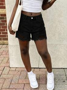 Women's Casual Loose Straight Leg Cropped Jeans Black Summer - Black - View 4