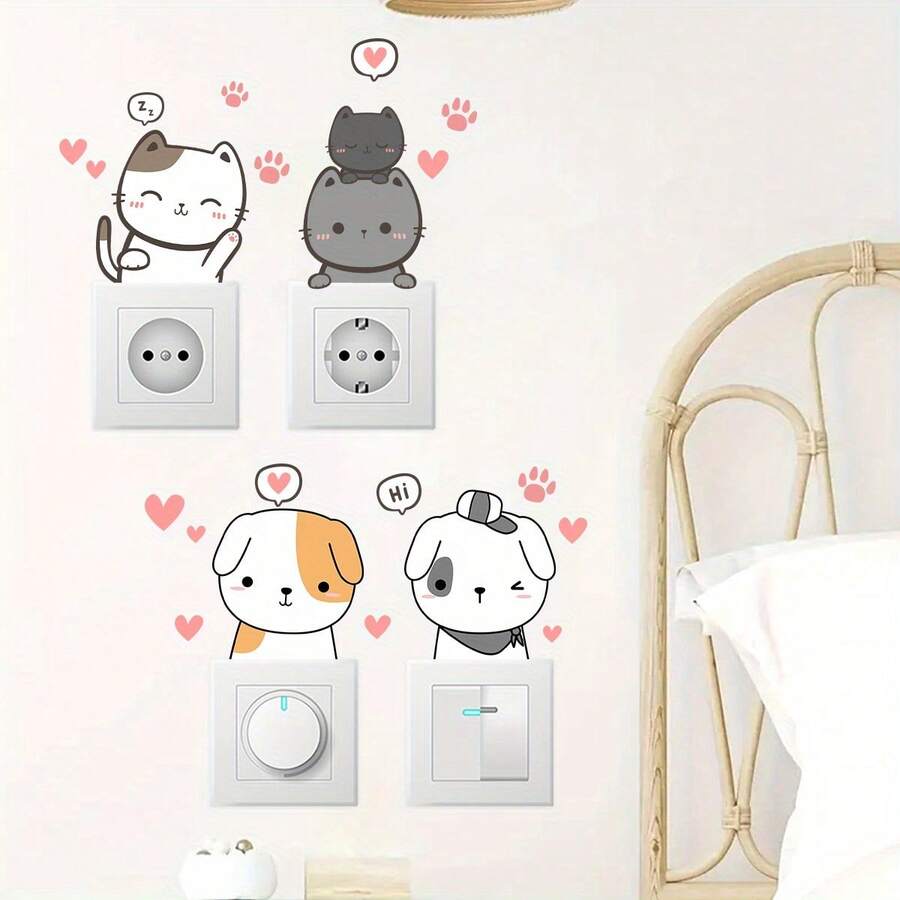 6入組卡通可愛小貓動物燈開關貼紙兒童房裝飾牆貼 - 彩色 - 查看 1