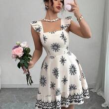 guang zhou mi qian shang mao  Vestido casual de vacaciones y uso diario con diseño de cintura impresa, espalda descubierta, lazo y mangas acampanadas - Rosa - Ver 4