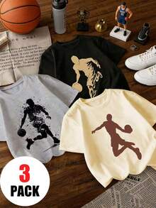3 áo thun thể thao in hình chủ đề bóng rổ, thích hợp cho bé trai mặc thường ngày, phù hợp cho mùa xuân/hè, áo cổ tròn tay ngắn in hình bóng rổ, trang phục thể thao năng động cho thanh thiếu niên. - Nhiều màu - Xem 2