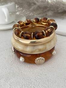 1 pieza Brazalete rígido de resina con cuentas y encanto de perla falsa con incrustación de concha pulida, diseño geométrico audaz y curva exagerada, lujoso & elegante, adecuado para boda, banquete, vacaciones, fiesta, uso diario casual, estilo callejero, mujeres, parejas, vacaciones, cumpleaños, regalo de brazalete de metal versátil - pulsera - Ver 6