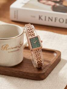 1pc/Set Rose Gold Green Dial Square Quartz Watch For Teen Girls, No Box, Back To School/Vacation Daily Wrist Watch - Green - View 3