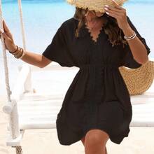 Vestido de playa de seda sintética con encaje y volantes; top para combinar con un bikini - Azul - Ver 3