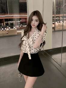 Women's Vintage Satin Polka Dot Bow Decor V-Neck Tie Top, Summer Style - Champagne - View 8