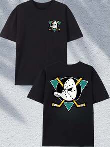Replica American Sports Mens Graphic T-Shirts Ice Hockey Duck Logo, Retro Pattern T-Shirt, Interpretation Of Sports And Time-Round Neck, Classic Version, Soft And Comfortable, Unisex, Casual Style Of T-Shirt Collection, Micro-Elastic Fabric, Summer. - 黑色 - 查看 2