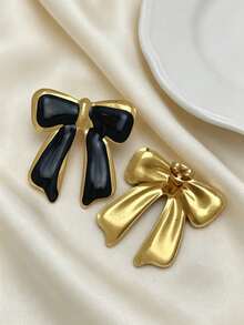 1 Pair Of Retro Light Luxury Stainless Steel Bow Earrings, Anti Fading And Hypoallergenic, Oil Dripping Process Bow Design, Versatile And Elegant Earrings For Daily Commuting, Fashionable Bow Jewelry, Perfect Holiday Gift For Female Friends. - Multicolor - View 2