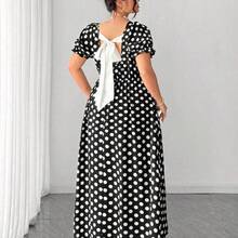 dahkjdgajy  Vestido de manga corta con cuello de mariposa con lazo y estampado de lunares elegante y vintage para mujer de talla grande, primavera/verano - Azul marino - Ver 3