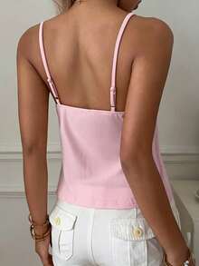 Y2K Style Girls' Pink Lace Trim Camisole With Bow Decor, Suitable For Street Style, Dates, Office And Casual Wear In Summer, Aesthetic - Pink - View 3