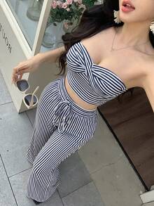abyoxi Women's Navy Blue & White Striped Twist Bandeau Top And Drawstring Elastic High Waist Wide Leg Pants 2-Piece Set, Spicy Girl, Young Hot, Casual Vacation, Beach, Date, Home, Daily Outing, Summer Short Top And Long Pants Set - Navy Blue - View 1