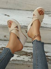 Spring/Summer New Buckle Sandals For Women, High Heel Wedge Platform Sandals, Beach Style Outdoor Slides, Women's Sandals With Bark Texture Sole - Beige - View 3