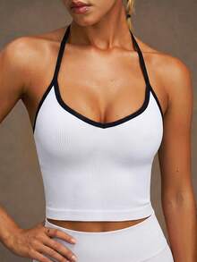 VVX Women Color Block Sweetheart Neck Yoga Crop Tank Tops Seamless Ribbed Racerback Spaghetti Straps Contrast Trim Workout Yoga Cami Sports - White - View 5
