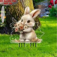 Flower-Holding Bunny Acrylic Garden Stake, 2D Flat Printed Rabbit Decoration, Waterproof Backyard Lawn Ornament - J - View 1