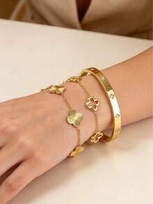 Stainless Steel Jewelry Set, Clover Design, Suitable For Women's Commute Or Daily Wear, Also A Perfect Gift For Friends - Gold - View 10