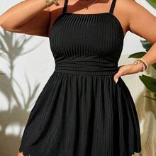 dahkjdgajy Swim Lushoire Vestido de baño de talla grande con tirantes finos sólido de verano con dobladillo de concha y bikini inferior, adecuado para usar en la piscina - Caqui - Ver 2