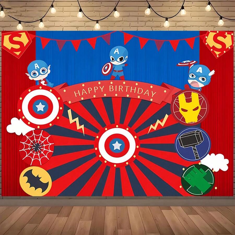 1pcs M Arvel Cartoon C Aptain America Happy Birthday Backdrop Anime Superhero Theme Party Background Shield Star Pennant Photography Prop Boy Bedroom Bedside Wall Tapestry Outdoor Yard Gathering Decoration Fan Room Wall Hanging Supplies - C - Xem 1
