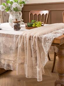 1pc French Country Style Floral Lace Trim Tablecloth Table Cover Holiday Decoration - Beige - View 11