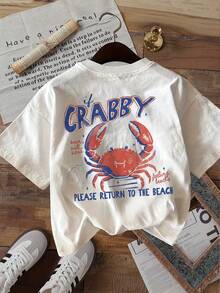 Unisex Plus Size T-Shirt With Anchor And Crab Wave Print On Both Sides, Round Neck, 180g Cotton, Beach Style, Summer Casual - 白色 - 查看 3