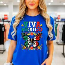 Stylish Everyday Outfits: Women's Viva Mexico Butterfly Print Cotton T-Shirt, Short Sleeve, Crew Neck, Casual Style, National Flag Inspired Design, Loose Fit, Basic Summer T-Shirt, Available In Various Sizes. Loose Fit Summer Clothing For Women. - 藍色 - 查看 1