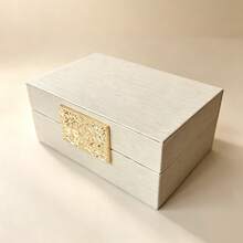 2件組大容量直立式水波紋PU皮革珠寶盒套裝，附壓紋金邊長方形金屬片，米色長方形奢華珠寶收納整理盒，梳妝台臥室裝飾禮品 - 米色 - 查看 14