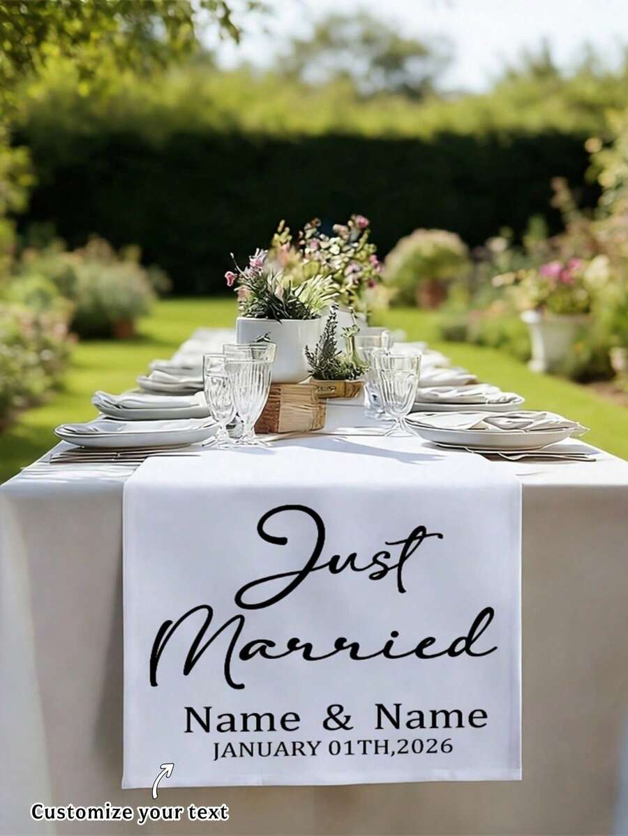 Customized Wedding Table Runner, Suitable For Sweetheart Table Decor, Customizable Name, Perfect For Newlywed Table Decor And Coordinated Venue Arrangement, Creating Sweet Romantic Event Details And Customized Wedding Display - White - View 1
