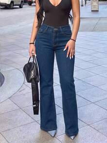 Women's Casual Minimalist Washed Straight-Leg Jeans, Slim Fit Suitable For All Seasons - Dark Wash - View 5