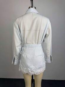 Light Blue Striped Shirt & Lace Trim Wrap Skort 2-Piece Set, Casual Preppy Co-Ord For Women - 藍色 - 查看 7