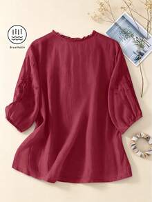Women Viscose Embroidered Loose Retro Plus Size Mid-Sleeve Blouse Tops, Suitable For Spring/Summer - Rose Red - View 5
