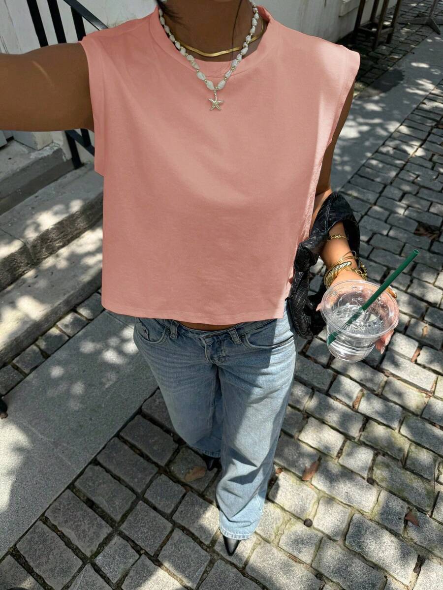 Top corto holgado de cuello redondo de unicolor para mujer - Rosa Pálido - Ver 1