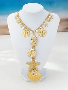 1 pieza Collar con colgante de estrella de mar y concha de perla con estilo oceánico, adecuado para uso diario y vacaciones de verano de mujeres - Amarillo Oro - Ver 6