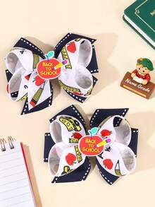 2pcs Back To School Hair Bows For Girls Apple Decor Bowknot Barrettes Black White Jumbo Alligator Clips Student Daily Hairpins Pencil Apple Printed Hair Clips School Season Hair Bows Teens Hair Accessories - Multicolor - View 8
