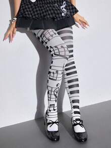 ROMWE Kawaii 1Pair Of Retro Fairy Tale Forest Animal Print Pantyhose - Polka Dot Deer And Seal Print Opaque Women's Pantyhose, Suitable For Y2K Fashion Style, Going Out To Wear, Parties, Shopping And Taking Pictures, Etc - 白色 黑色 - 查看 1