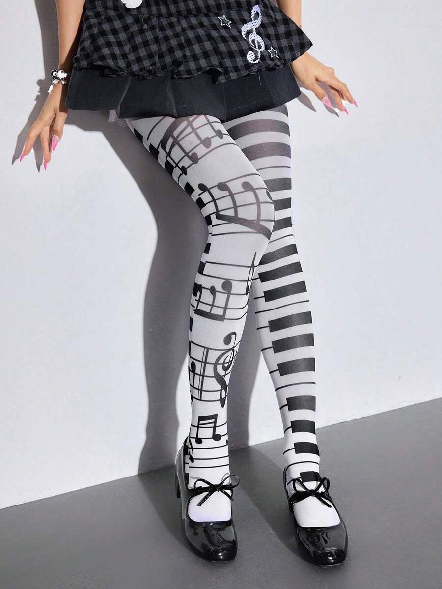ROMWE Kawaii 1Pair Of Retro Fairy Tale Forest Animal Print Pantyhose - Polka Dot Deer And Seal Print Opaque Women's Pantyhose, Suitable For Y2K Fashion Style, Going Out To Wear, Parties, Shopping And Taking Pictures, Etc - 白色 黑色 - 查看 1