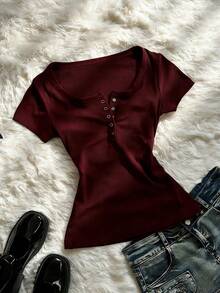 Camiseta de manga corta casual de color borgoña para mujer, de verano - Multicolor - Ver 1