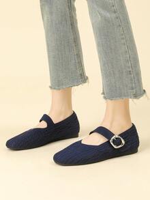 Giày búp bê Mary Jane dệt kim màu xanh navy mới 2026, giày ballet nữ mũi vuông bằng vải dệt kim thoải mái, đế mềm đa năng cho đi làm và mặc thường ngày - Màu xanh lam - Xem 5
