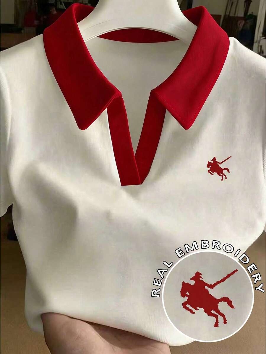 Camiseta de manga corta ajustada con cuello bordado para mujer - Blanco 3 - Ver 1