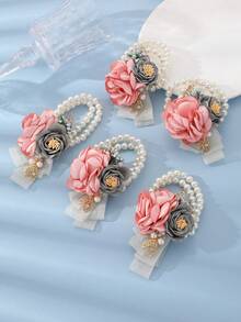 1件/5件波希米亞優雅婚禮配件，柔粉色與灰色布料花朵手腕飾品 - 彩色 - 查看 2