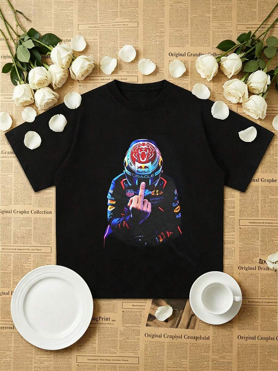 1 PCS Unisex T-Shirt In Retro European F1 Style, Comfortable Breathable Cotton, Oversized Streetwear Fit For Urban Outings And Car Festivals - Black - View 1