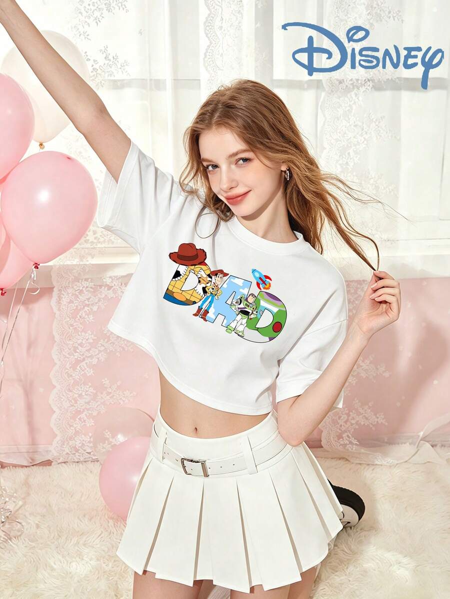Disney Women's Cotton Crew Neck Cropped T-Shirt, Toy Story DAD Woody And Buzz Cartoon Print, Sweet & Edgy Design For Summer Parties - 白色 - 查看 1