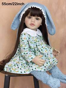 55 CM Full Vinyl Body Reborn Baby Doll Toy Dress Up Brown Long Hair Princess Toddler Sweet Doll Handmade Birthday Gift Toy Doll Set With Pacifier And Bottle - 乙烯基身體娃娃 - 查看 2