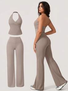 NcmRyu 1 Set Women's Sexy Halter Deep V-Neck Backless Shaping Flared Sports Suit Summer - Grey - View 1