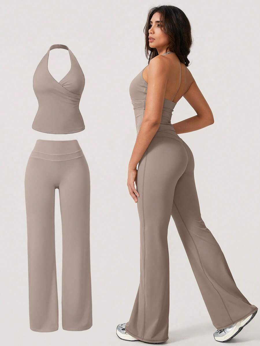 NcmRyu 1 Set Women's Sexy Halter Deep V-Neck Backless Shaping Flared Sports Suit Summer - Grey - View 1